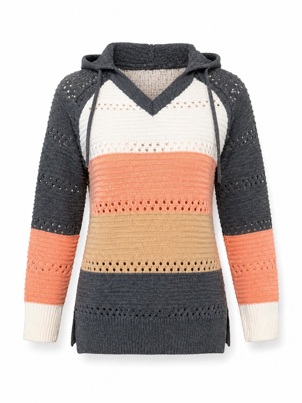 SHEIN Knit Hoodie S Colorblock Peach Grey Boho Lightweight Sweater Pullover